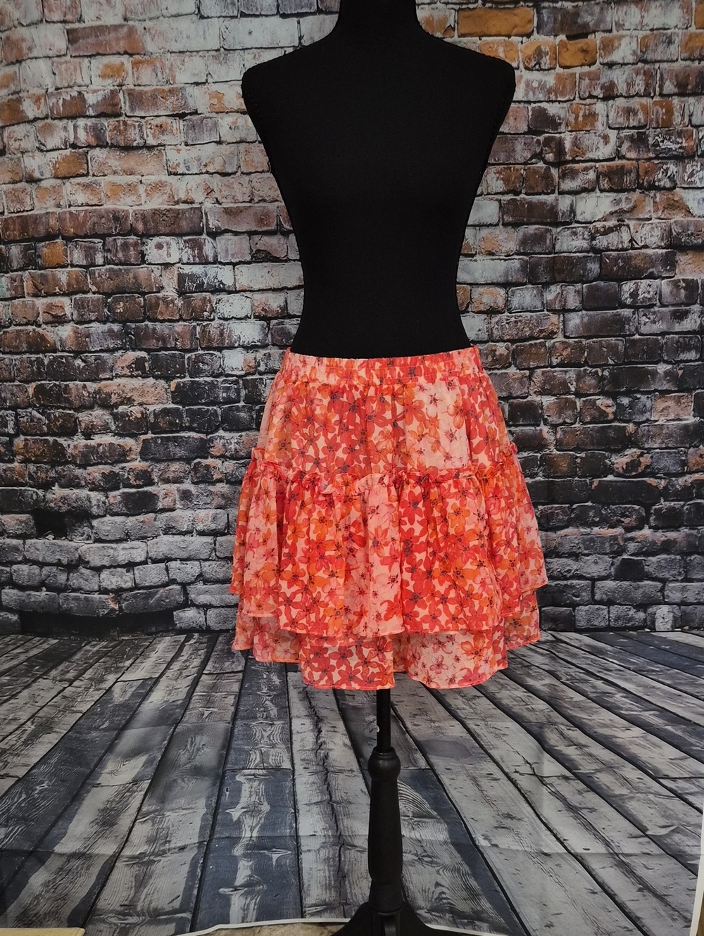 Allegra K Coral & Pink Floral Tiered Mini Skirt